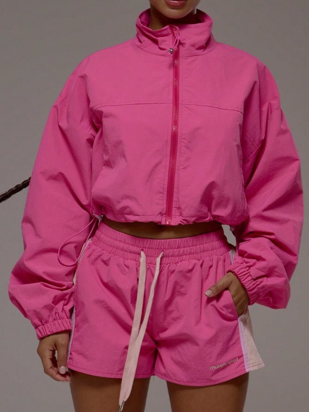 Pink Casual Women's Sport Funnel Neck Cropped Jacket - Picture 5 of 6